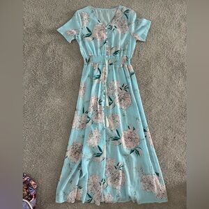 Mint Floral Button Front Maxi Dress with Smocked Waist